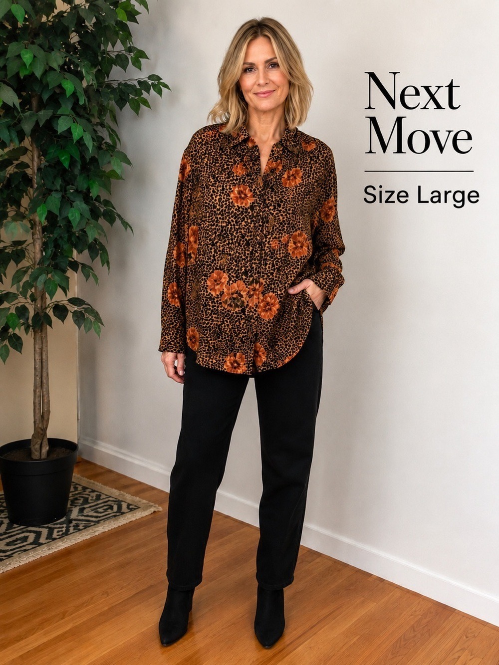 Next Move Size Large Leopard Floral Button Front Blouse Top